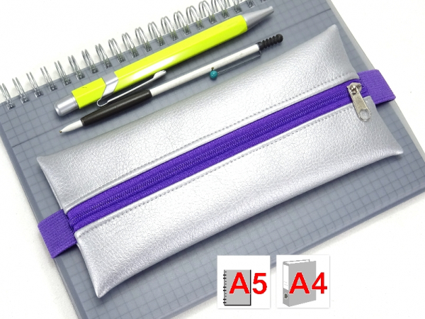 Stiftemäppchen Kunstleder silber, Gummiband lila violett, für Ringbuch Kalender Notizbuch A5 und A4, BuntMixxDESIGN